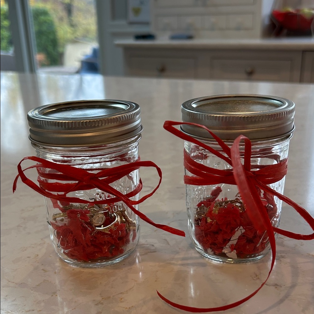 Mystery Jewelry Jars with Red Ribbon! Each jar is packed with around 15 pieces
